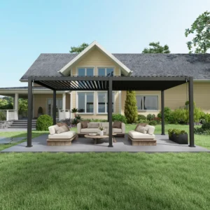 All black aluminum pergola with modular roof that provides rain coverage