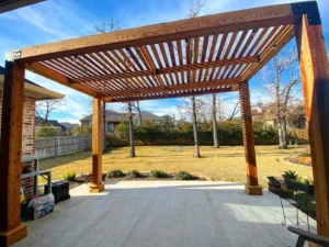 Wooden pergola over patio