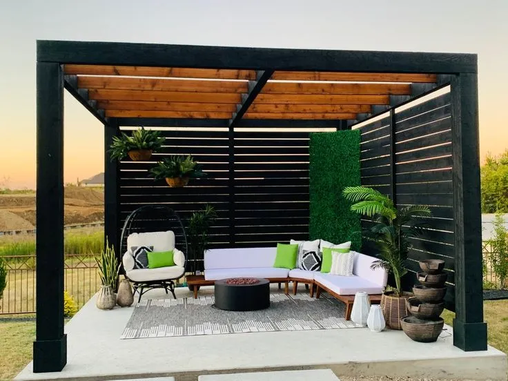 modern black and orange-brown all wood pergola